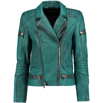 Women's Slim Fit Diamond Quilted Teal Moto Distress Leather Jacket