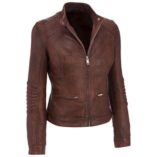 Women's Slim Fit Distress Brown Cafe Racer Leather Jacket