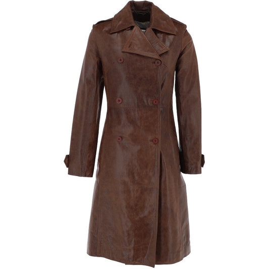 Women  Double Breasted Leather Trench Coat Mid Brown