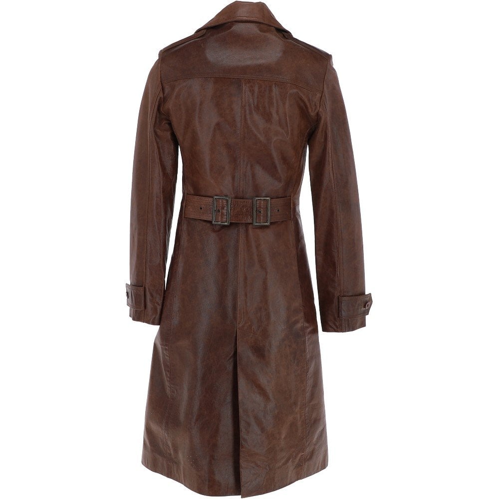 Women  Double Breasted Leather Trench Coat Mid Brown