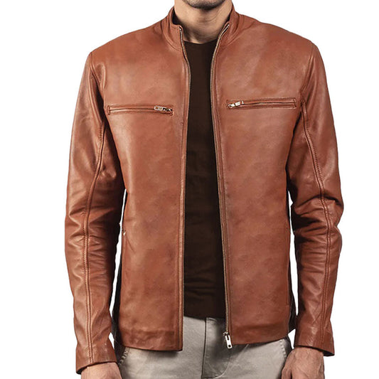 Stylish and Durable Men's Biker Brown Leather Jacket