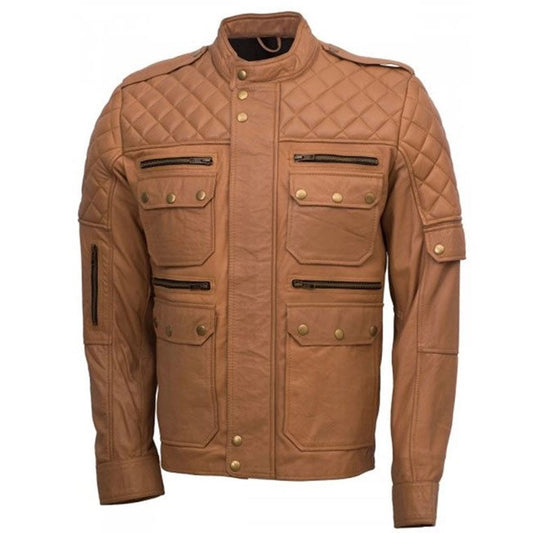 Tan Sheepskin Quilted Style Leather Jacket for Men