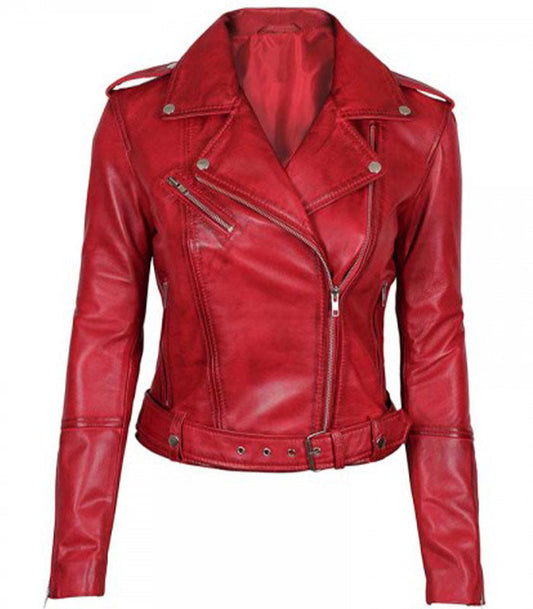 Women's Red Leather Asymmetric Biker Jacket