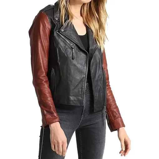 Womens Brown Sleeves Black Leather Biker Jacket