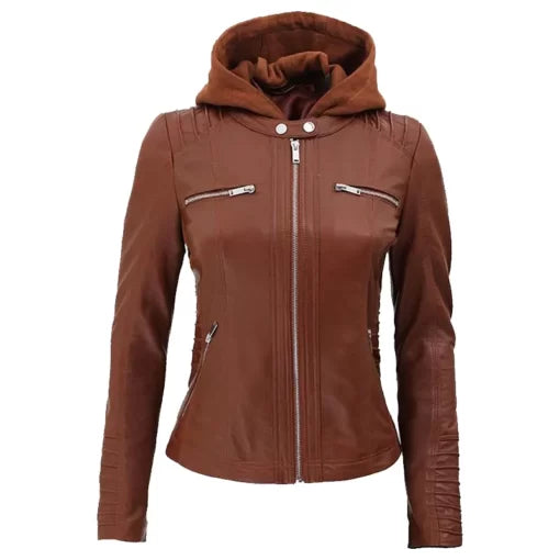 Womens Detachable Hooded Cafe Racer Leather Jacket