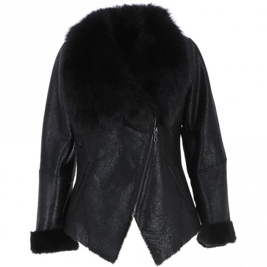 Women Shearling Sheepskin Black Leather Jacket
